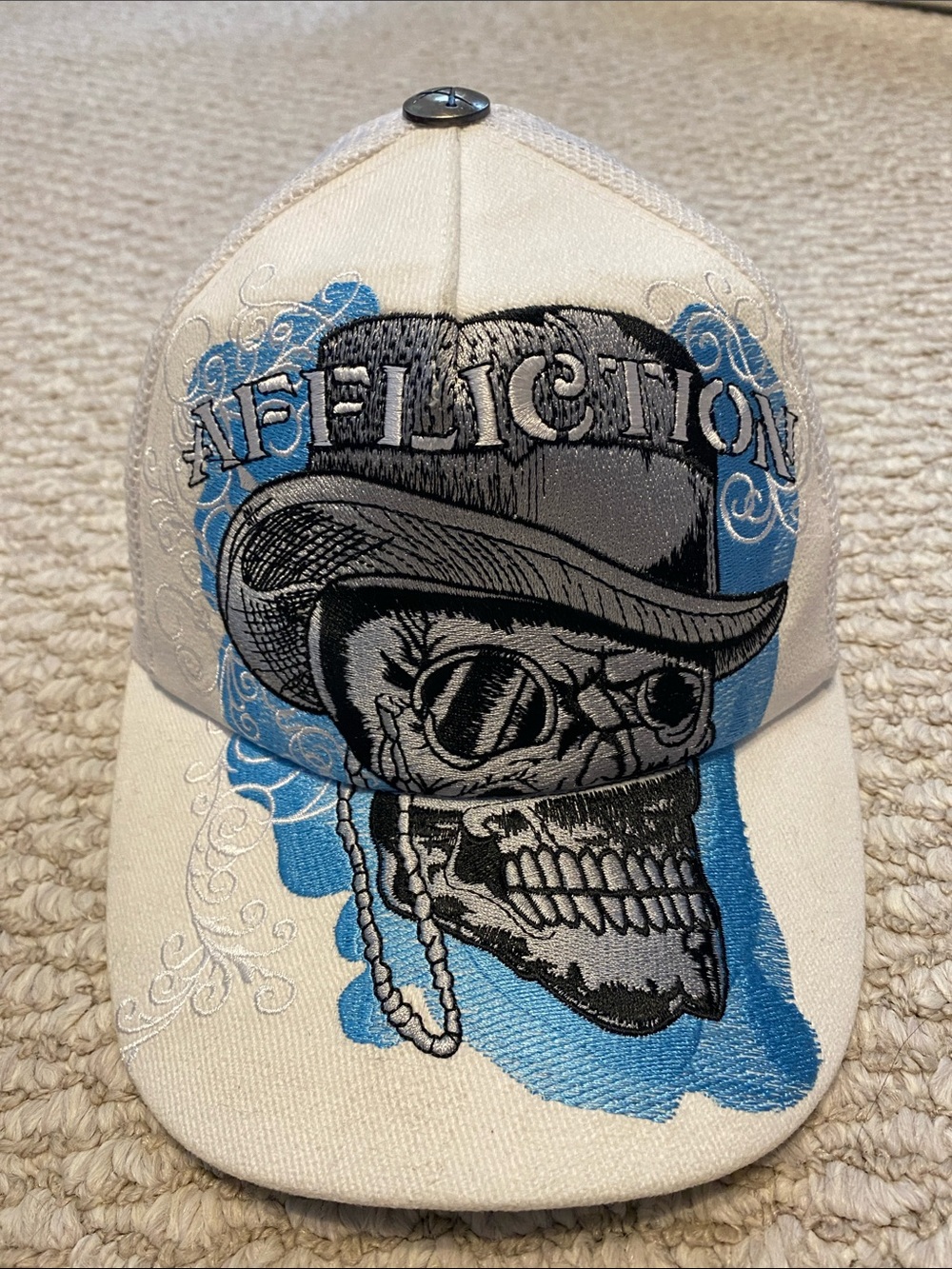 Affliction Unisex White & Blue Embroidered Skull Cap